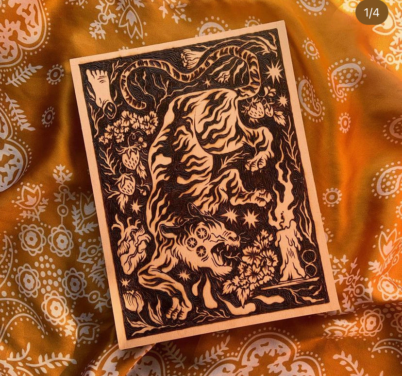 Tiger Strawberry, a Wood-Burned Piece