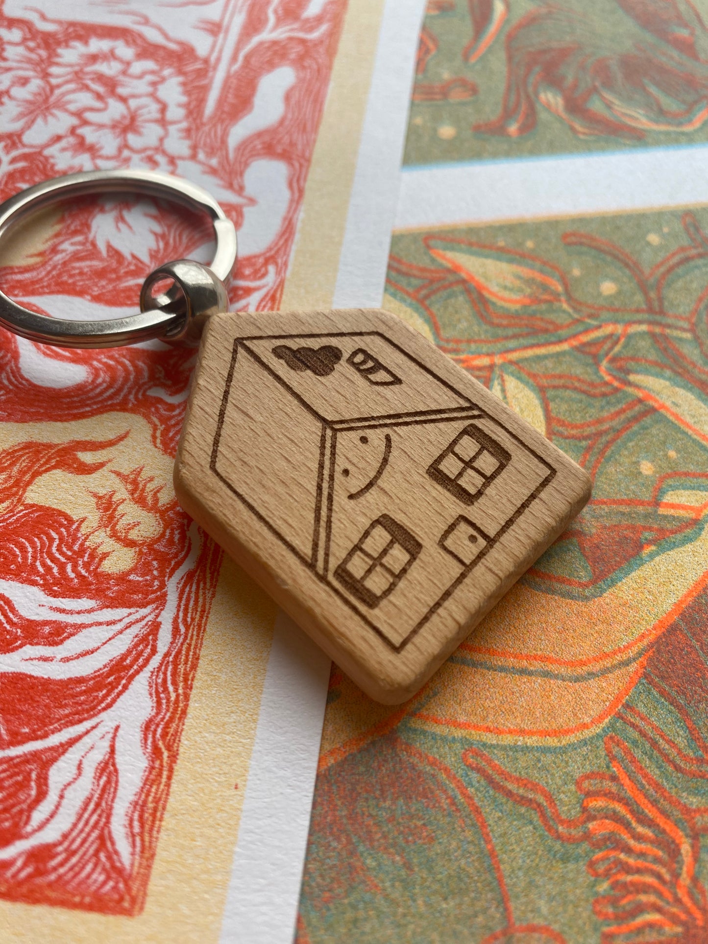 House Home Wood Engraved Keychain