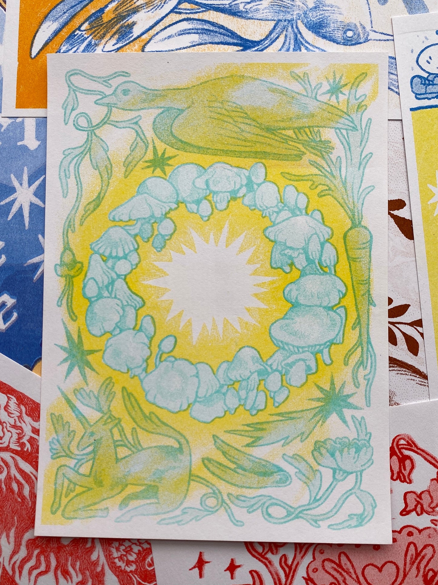 Mushroom Ring Risograph Postcard Print