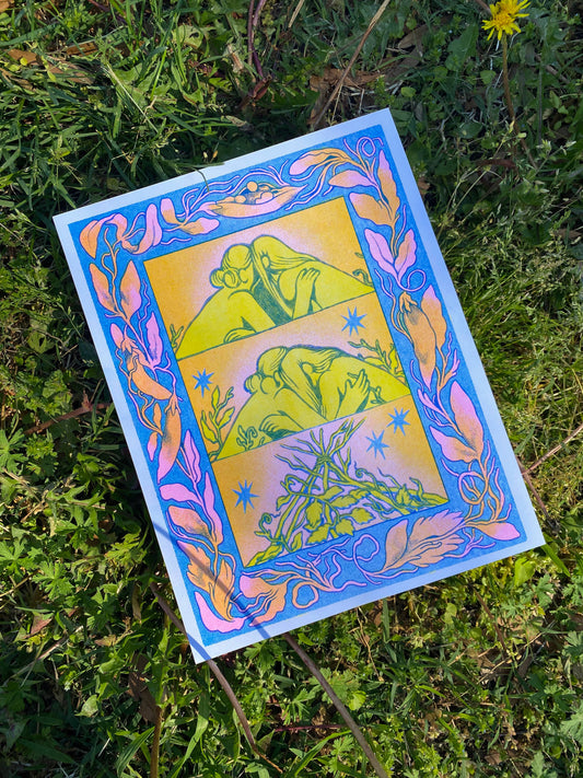 A risograph print in yellow, blue, pink and orange. Two women are holding each other. As they fall closer towards each other, they make an arch with their bodies, slowly forming into a trellis. Surrounding the comic scene is a border of growing peas.