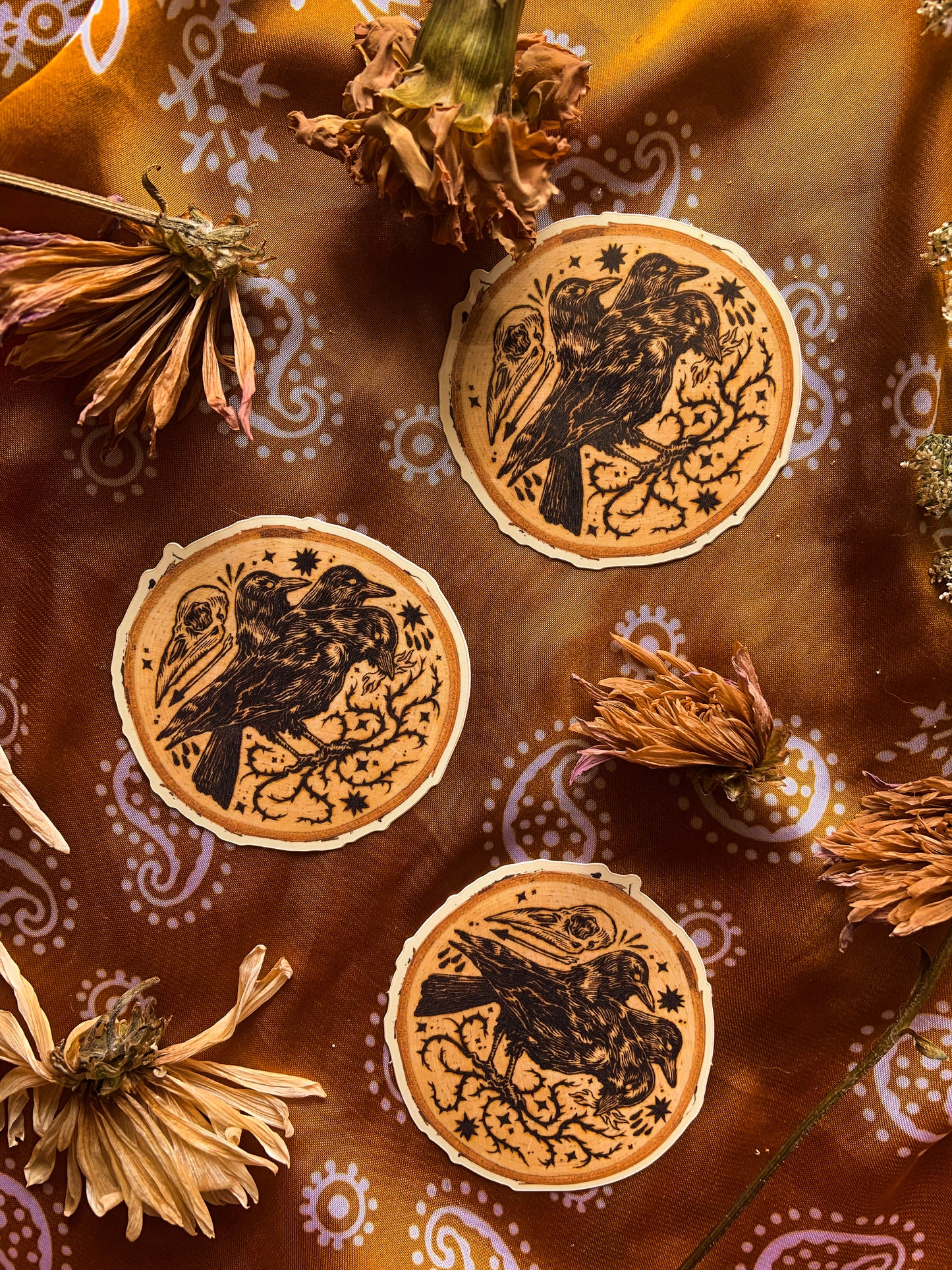 Three Headed Crow Wood Burning Sticker