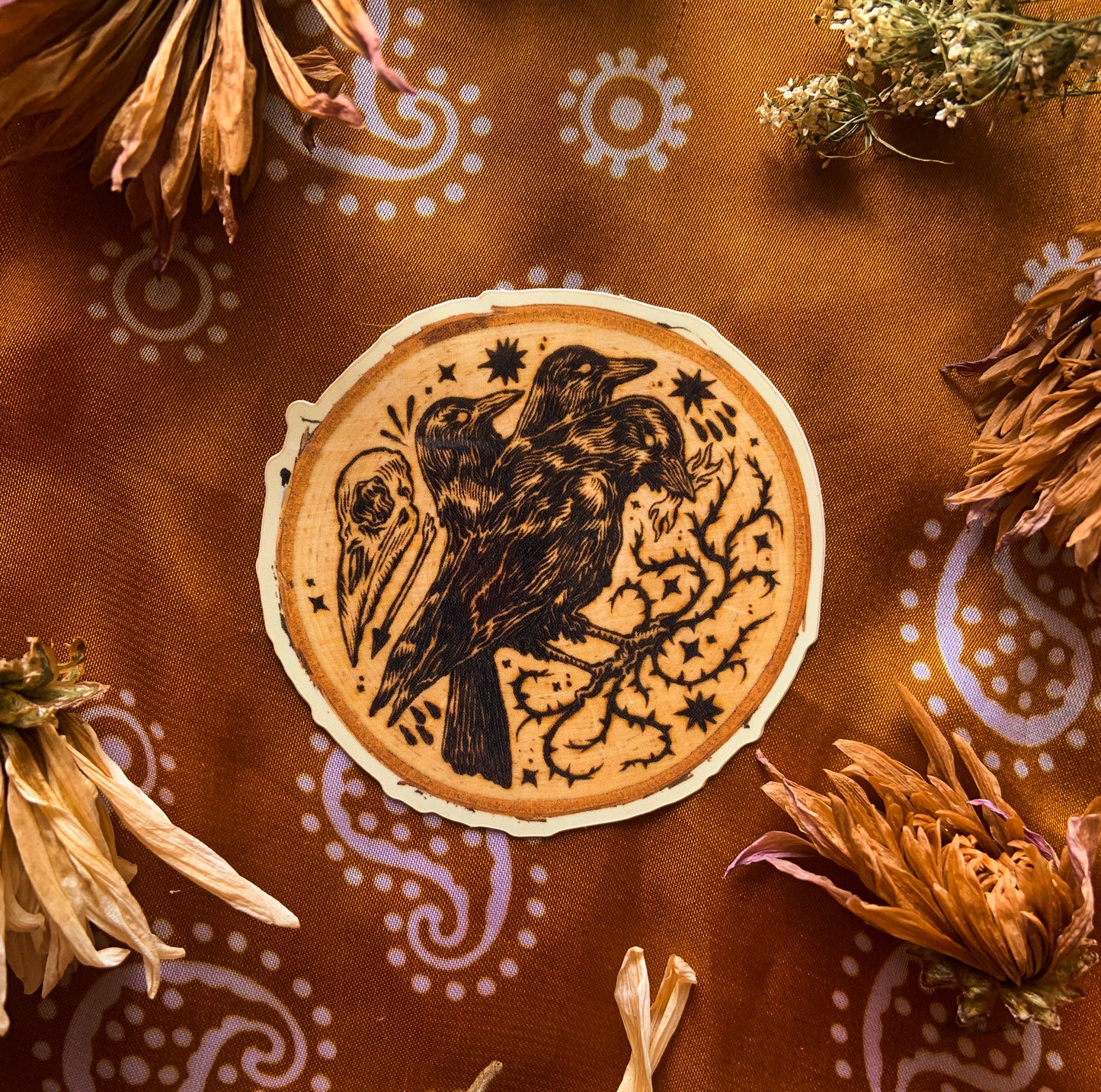 Three Headed Crow Wood Burning Sticker