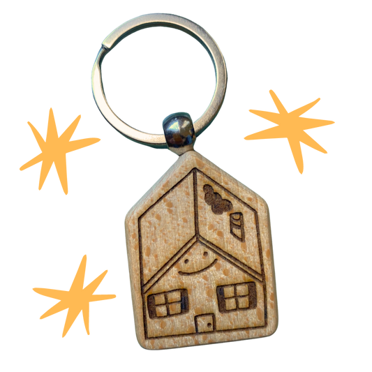 House Home Wood Engraved Keychain