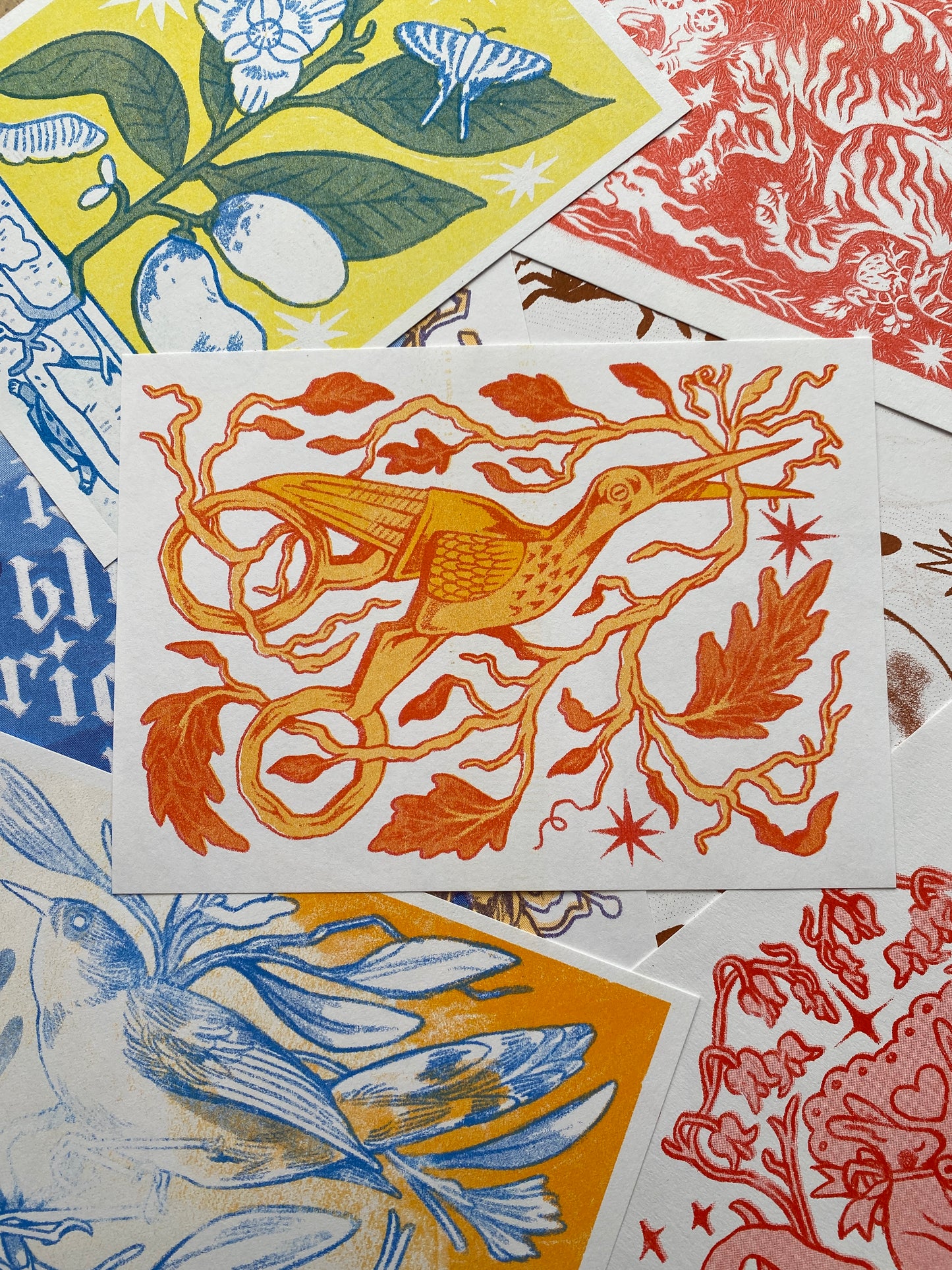Stork Scissors Risograph Postcard Print