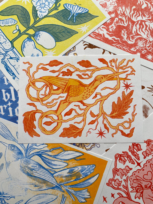 Stork Scissors Risograph Postcard Print