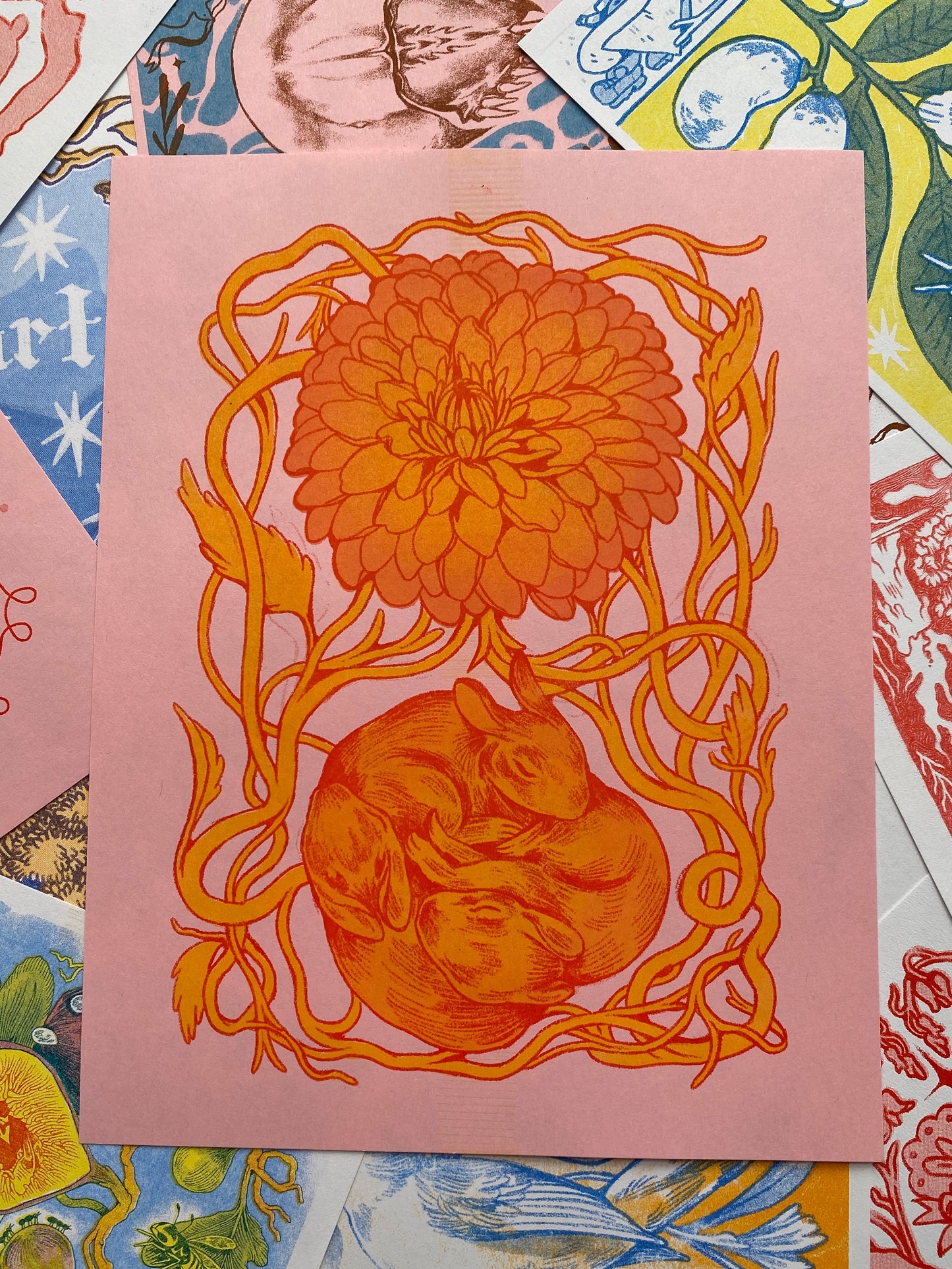Bunny Dahlia Risograph Print