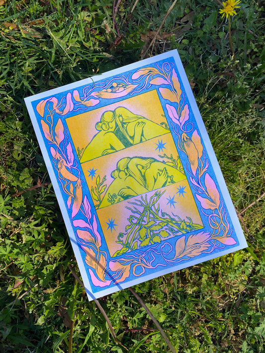 A risograph print in yellow, blue, pink and orange. Two women are holding each other. As they fall closer towards each other, they make an arch with their bodies, slowly forming into a trellis. Surrounding the comic scene is a border of growing peas. 