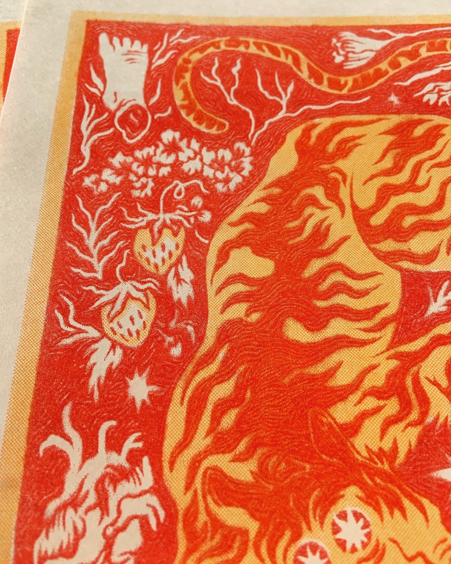 Year of the Tiger Wood Burning Red and Yellow Riso Print