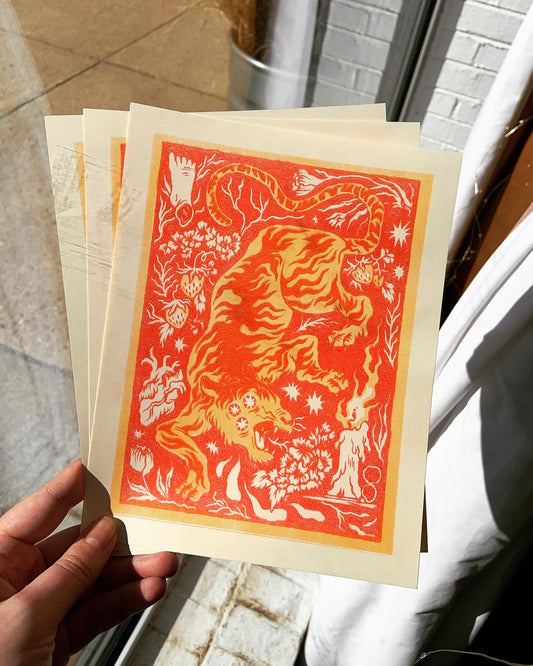 Year of the Tiger Wood Burning Red and Yellow Riso Print