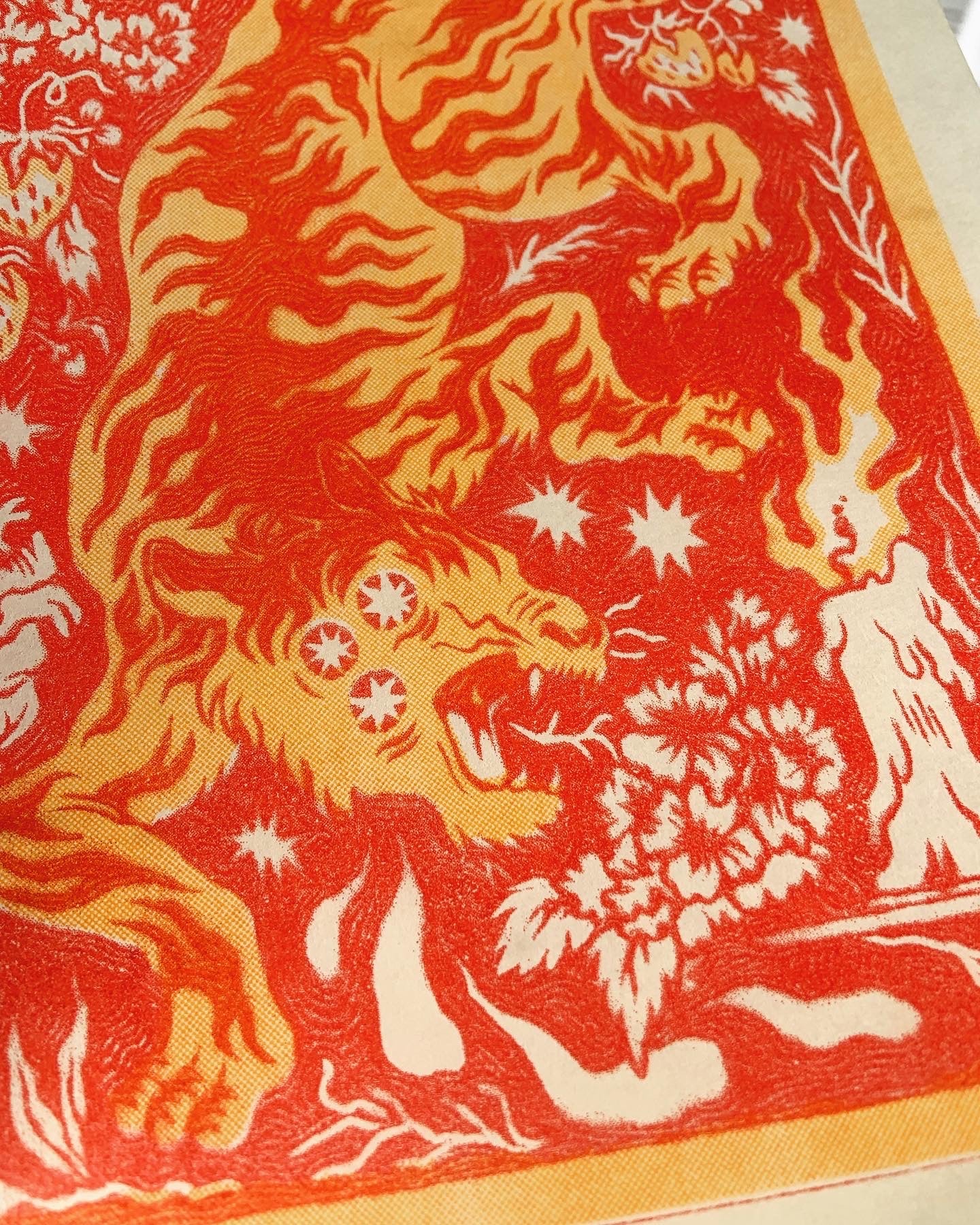 Year of the Tiger Wood Burning Red and Yellow Riso Print